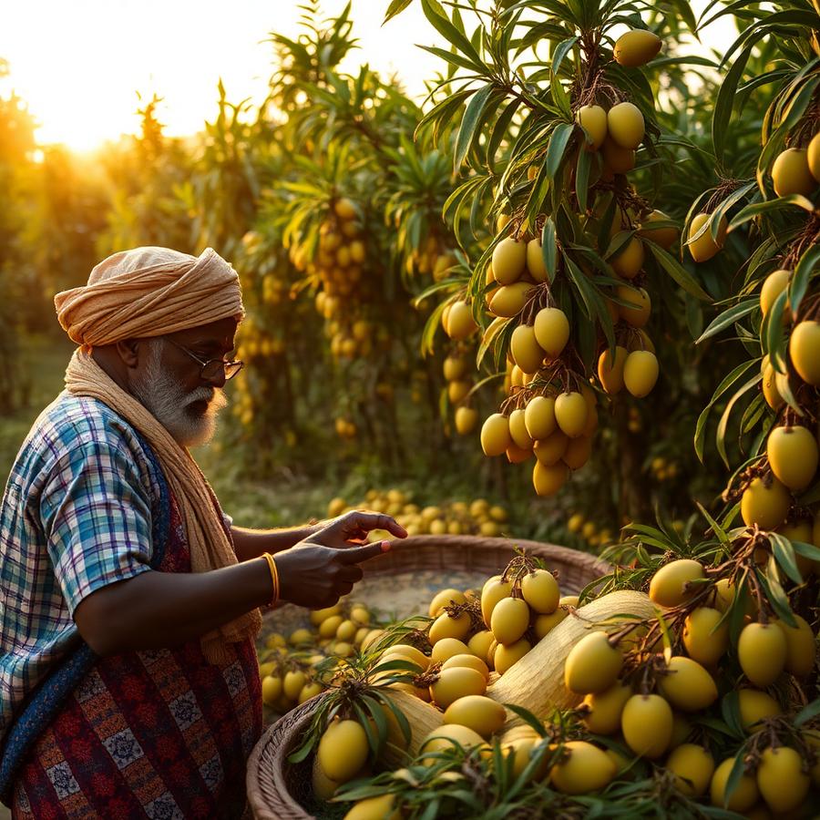 Indian farmer harvesting mangoes in an orchard